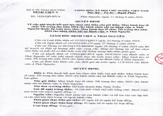 Quyết định về việc phê duyệt kết quả lựa chọn nhà thầu gói thầu: Mua bánh kẹo tổ chức trung thu năm 2024 cho bệnh nhi tại Bệnh viện A Thái Nguyên