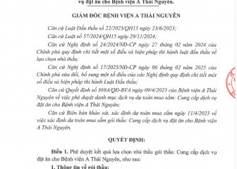 Quyết định về việc phê duyệt kết quả lựa chọn nhà thầu gói thầu: Cung cấp dịch vụ đặt ăn cho Bệnh viện A Thái Nguyên thuộc dự toán mua sắm: Cung cấp dịch vụ đặt ăn cho Bệnh viện A Thái Nguyên