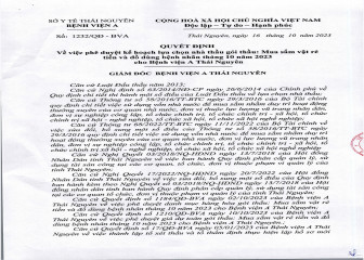Quyết định phê duyệt kế hoạch lựa chọn nhà thầu gói thầu: Mua sắm vật rẻ tiền và đồ dùng bệnh nhân tháng 10 năm 2023 cho Bệnh viện A Thái Nguyên