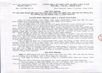 Quyết định phê duyệt nhà thầu gói thầu: Đo tiếp địa hệ thống thu lôi chống sét của Bệnh viện A Thái Nguyên