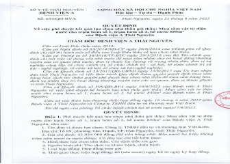 Quyết định phê duyệt nhà thầu gói thầu : Mua sắm vật tư điện nước cho trạm bơm số 1, trạm bơm số 2, bể nước 850m3 của Bệnh viện A Thía Nguyên