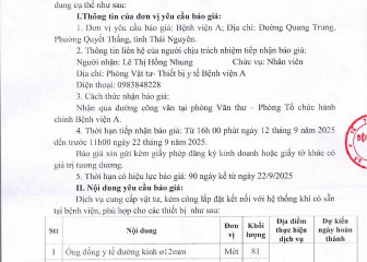 Thông báo mời chào giá gói thầu: Cung cấp, lắp đặt ổ khí nén y tế của Bệnh viện A