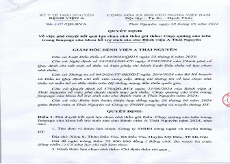 Quyết định về việc phê duyệt kết quả lựa chọn nhà thầu gói thầu: Chạy quảng cáo trên trang fanpage của khoa hỗ trợ sinh sản cho bệnh viện A Thái Nguyên