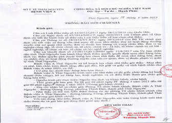 Thông báo mời chào giá: Kế hoạch bơm hút và vận chuyển nước thải, bùn thải bể phốt các tòa nhà Bệnh viện A Thái Nguyên