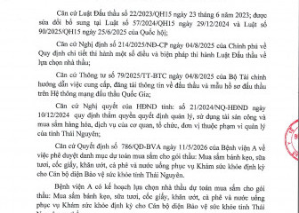 Thông báo mời chào giá gói thầu: Mua sắm bánh kẹo, sữa tươi, cốc giấy, khăn ướt, cà phê và nước uống phục vụ khám sức khỏe định kỷ cho Cán bộ diện Bảo vệ sức khỏe tỉnh Thái Nguyên