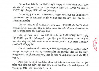 Thông báo mời chào giá gói thầu: Mua sắm bàn quầy, bàn giao ban, tủ gỗ, bàn làm việc, vách ốp nano và vách ốp gỗ MDF cho Bệnh viện A