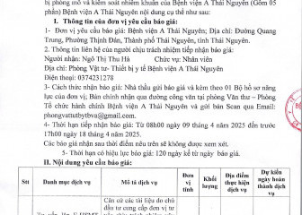 Thông báo mời chào giá gói thầu: Mua sắm Cung cấp, lắp đặt thiết bị phòng mổ và kiểm soát nhiễm khuẩn của Bệnh viện A