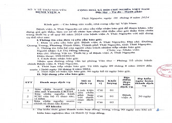 Thông báo mời chào giá gói thầu: Sửa chữa trang thiết bị y tế quý III năm 2024 của Bệnh viện A Thái Nguyên