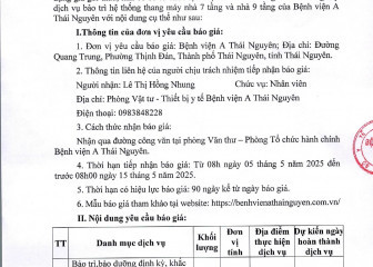 Thông báo mời chào giá gói thầu: Cung cấp dịch vụ bảo trì hệ thống thang máy nhà 7 tầng và nhà 9 tầng của Bệnh viện A Thái Nguyên