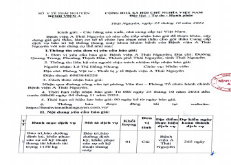 Thông báo mời chào giá gói thầu: Cung cấp dịch vụ bảo trì hệ thống thang máy khoa khám bệnh của Bệnh viện A Thái Nguyên