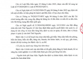 Thông báo mời chào giá gói thầu: Mua sắm biển tên phòng, biển tên khoa, biển chỉ dẫn, băng rôn, Stande, thẻ khám bệnh, in nội quy, gắn thảm, khánh tiết hội trường cho Bệnh viện A