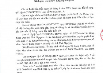 Thông báo mời chào giá gói thầu: Mua sắm còi ưu tiên , đèn ưu tiên cho xe ô tô BKS 20A-0656 của Bệnh viện A