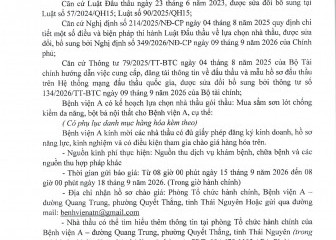 Thông báo mời chào giá gói thầu: Mua sắm sơn lót chống kiềm đa năng, bột bả nội thất cho Bệnh viện A