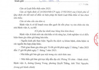 Thông báo mời chào giá gói thầu: Mua sắm gạch lát nền phục vụ sửa chữa các tòa nhà Bệnh viện A