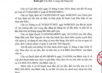 Thông báo mời chào giá gói thầu: Mua sắm còi ưu tiên , đèn ưu tiên cho xe ô tô BKS 20A-0656 của Bệnh viện A