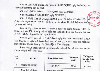 Thông báo mời chào hàng gói thầu: Mua bảo hiểm vật chất cho xe ô tô cứu thương của Bệnh viện A Thái Nguyên