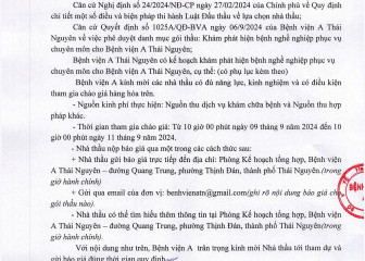 Thông báo mời chào hàng gói thầu: Khám phát hiện bệnh nghề nghiệp phục vụ chuyên môn cho Bệnh viện A Thái Nguyên