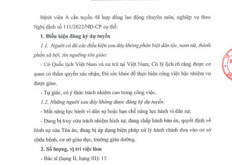 Thông báo tuyển dụng hợp đồng lao động chuyên môn, nghiệp vụ theo Nghị định số 111/2022/NĐ-CP tại Bệnh viện A đợt 1 năm 2026