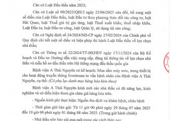 Thông báo mời chào giá gói thấu: Mua sắm máy móc, trang thiết bị cho hoạt động truyền thông livestream tư vấn bệnh nhân của Bệnh viện A Thái Nguyên