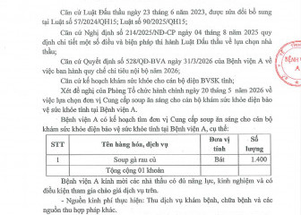 Thông báo chào hàng gói thầu: Cung cấp soup ăn sáng cho cán bộ khám sức khỏe diện bảo vệ sức khỏe tỉnh tại Bệnh viện A