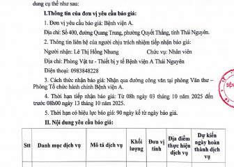 Thông báo mời chào giá gói thầu: Sửa chữa tủ cấy CO2 khoa Hỗ trợ sinh sản của Bệnh viện A Thái Nguyên