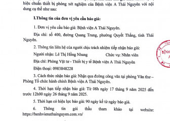 Thông báo mời chào giá gói thầu: Kiểm định, hiệu chuẩn thiết bị phòng xét nghiệm của Bệnh viện A Thái Nguyên