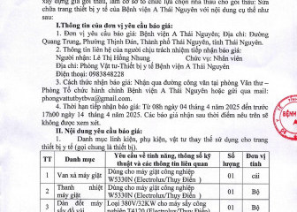 Thông báo mời chào giá gói thầu: Sửa chữa trang thiết bị y tế của Bệnh viện A Thái Nguyên