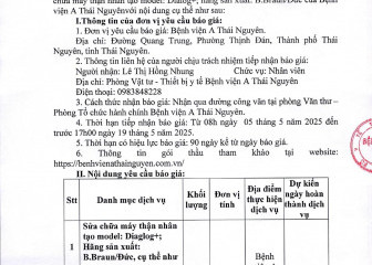 Thông báo mời cháo giá gói thầu: Sửa chữa máy thận nhân tạo model: Dialog+; hãng sản xuất: B.Braun/Đức của Bệnh viện A Thái Nguyên