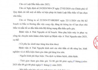 Thông báo mời chào giá gói thầu: Mua phụ kiện máy in phục vụ công tác chuyên môn khám chữa bệnh tại Bệnh viện A Thái Nguyên năm 2025
