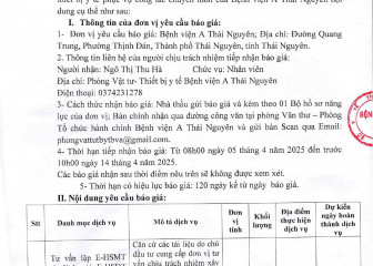 Thông báo mời chào giá gói thầu: Cung cấp, lắp đặt thiết bị y tế phục vụ công tác chuyên môn của Bệnh viện A Thái Nguyên