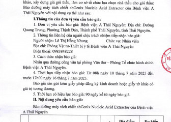 Thông báo mời chào giá gói thầu: Bảo dưỡng máy tách chiết abGenix Nucleic Acid Extractor của Bệnh viện A Thái Nguyên