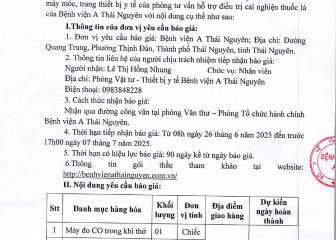 Thông báo mời chào giá gói thầu: Mua sắm máy móc, trang thiết bị y tế của phòng tư vấn hỗ trợ điều trị cai nghiện thuốc lá của Bệnh viện A Thái Nguyên