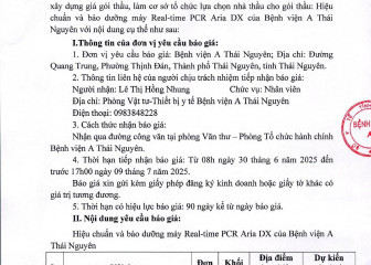 Thông báo mời chào giá gói thầu: Hiệu chuẩn và bảo dưỡng máy Real-time PCR Aria DX của Bệnh viện A Thái Nguyên