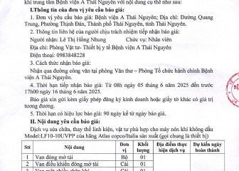 Thông báo mời chào giá gói thầu: Sửa chữa hệ thống khí trung tâm Bệnh viện A Thái Nguyên