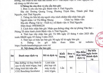 Thông báo mời chào giá gói thầu: Bảo dưỡng, sửa chữa tủ khí trộn săn model BT37 Của Bệnh viện A Thái Nguyên