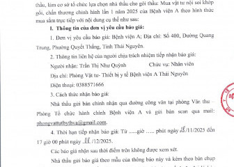 Thông báo mời chào giá gói thầu: Mua vật tư nội soi khớp gối, chấn thương chỉnh hình lần 1 năm 2025 của Bệnh viện A