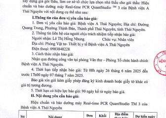 Thông báo mời chào giá gói thầu: Hiệu chuẩn và bảo dưỡng máy Real-time PCR QuantStudio TM 3 của Bệnh viện A Thái Nguyên