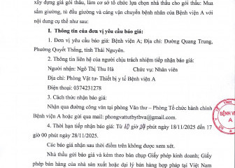 Thông báo mời chào giá gói thầu: Mua sắm giường, tủ đầu giường và cáng vận chuyển bệnh nhân của Bệnh viện A