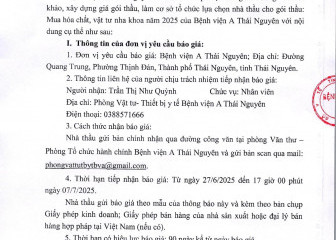 Thông báo mời chào giá gói thầu: Mua hóa chất, vật tư nha khoa năm 2025 của Bệnh viện A Thái Nguyên