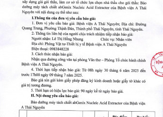 Thông báo mời chào giá gói thầu: Bảo dưỡng máy tách chiết abGenix Nucleic Acid Extractor của Bệnh viện A Thái Nguyên