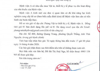 Thông báo mời chào giá gói thầu: Mua sắm vật tư, thiết bị y tế phục vụ cho hoạt động của nhà thuốc của Bệnh viện