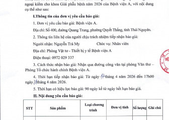Thông báo chào giá gói thầu: Cung cấp chương trình ngoại kiểm cho khoa Giải phẫu bệnh năm 2026 của Bệnh viện A