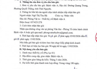 Thông báo mời chào giá gói thầu: Mua sắm trang thiết bị, dụng cụ y tế phục vụ chuyên môn tại Bệnh viện A