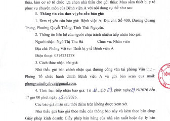 Thông báo mời chào giá gói thầu: Mua sắm thiết bị y tế phục vụ chuyên môn của Bệnh viện A