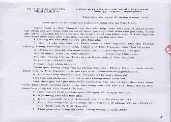 Thông báo mời chào giá gói thầu: Cung cấp vật tư hóa chất hỗ trợ sinh sản lần 3 năm 2024 của Bệnh viện A Thái Nguyên