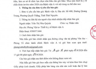 Thông báo mời chào giá gói thầu: Mua sắm thiết bị y tế chẩn đoán invitro năm 2026