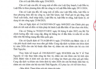 Thông báo mời chào giá gói thầu: Cung cấp dịch vụ khám sức khỏe định kỳ năm 2026 cho các bộ thuộc diện bảo vệ, chăm sóc sức khỏe các bộ của tỉnh Thái Nguyên