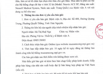Thông báo mời chào giá gói thầu: Mua sắm tủ phát cao thế cho Hệ thống chụp cắt lớp vi tính 32 lát của Bệnh viện A