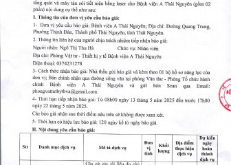 Thông báo mời chào giá gói thầu: Cung cấp, lắp đặt máy siêu âm tổng quát và máy tán sỏi tiết niệu bằng laser cho Bệnh viện A Thái Nguyên