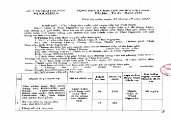 Thông báo mời chào giá gói thầu: Sửa chữa máy thở chức năng cao R860-GE của Bệnh viện A Thái Nguyên